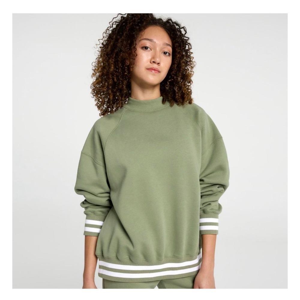 New DSG Classic Fleece Mockneck Sweatshirt Green Theme White Striped Trim XL